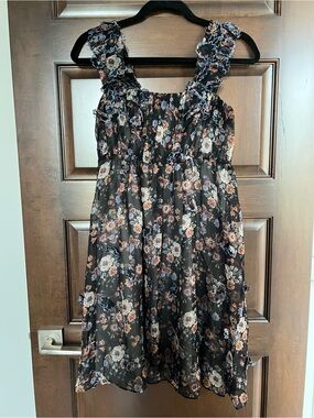 Black Floral Ruffle Strap Dress